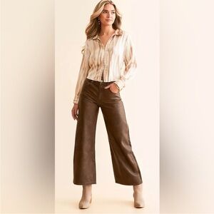 NWT Free People Misha High Rise Wide Barrel Pants- Rusty Dark Brown Faux Leather